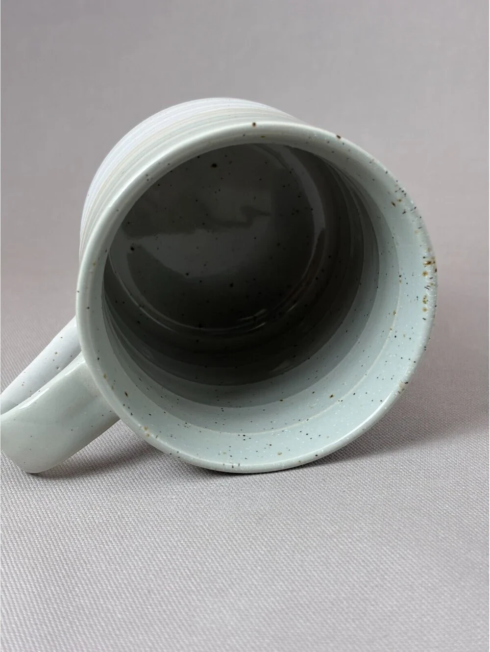 Baum Hearth Coffee Mug Speckled Stoneware Sage Green Tan Cream Ribbed Tea Cup
